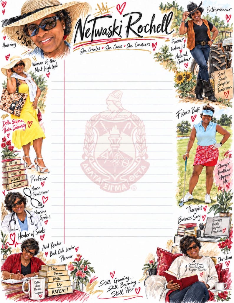 May include: A lined stationery sheet featuring the name Netwaski Rochell at the top, surrounded by illustrations of a person in various roles including farmer, professor, and nurse. A faint Delta Sigma Theta crest is centered on the page.