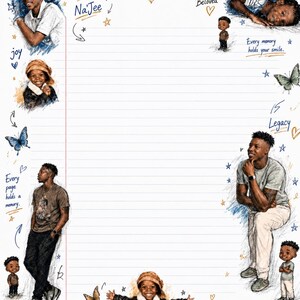 May include: A lined memorial stationery sheet featuring illustrations of a young person at various ages, butterflies, and stars. Text includes: Sunrise: September 22, 1996, Sunset: June 3, 2023, For My Son, Na'Jee, Beloved, joy, Every memory holds your smile, 15 Legacy, Every page holds a memory, and Your story didn't end... it became our testimony of love, faith, and strength.