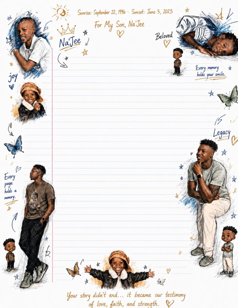 May include: A lined memorial stationery sheet featuring illustrations of a young person at various ages, butterflies, and stars. Text includes: Sunrise: September 22, 1996, Sunset: June 3, 2023, For My Son, Na'Jee, Beloved, joy, Every memory holds your smile, 15 Legacy, Every page holds a memory, and Your story didn't end... it became our testimony of love, faith, and strength.