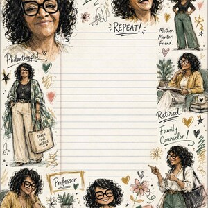 May include: A lined stationery sheet featuring various illustrations of a woman with curly hair and glasses. Text includes Peaceful spirit, REPEAT, Mother. Mentor. Friend., Philanthropist, Retired, Family Counselor, Professor, and Lead with Love.