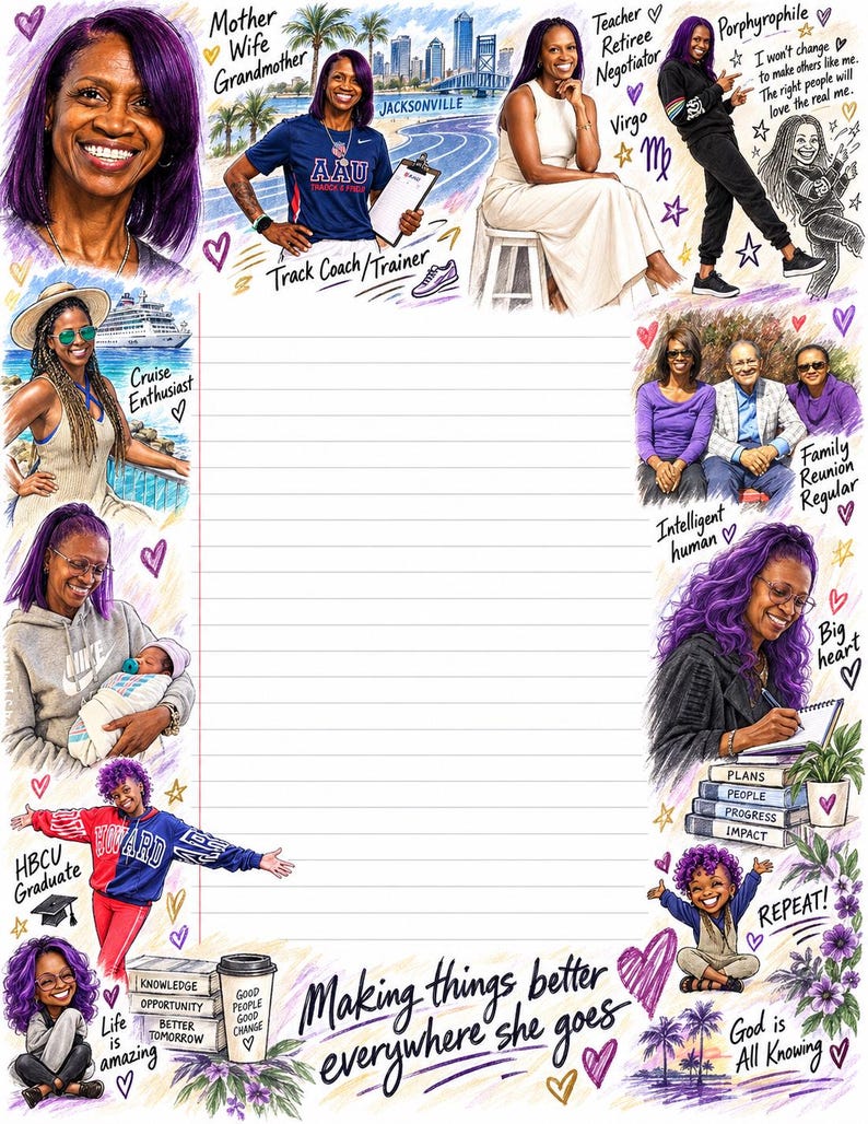 May include: A lined stationery sheet featuring a central blank space surrounded by colorful illustrations of a person with purple hair in various life roles, including track coach, teacher, and family member, with the text Making things better everywhere she goes.
