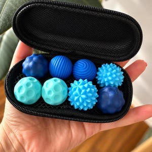 May include: A black zippered carrying case containing eight small sensory balls in various shades of blue. The balls feature diverse textures including smooth, ridged, spiked, and cratered surfaces, arranged in two rows inside the case.