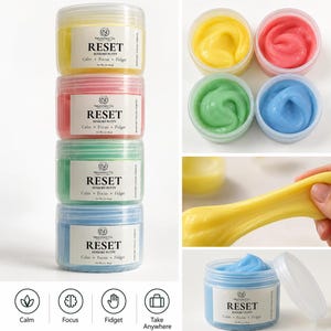 May include: A stack of four clear plastic jars containing yellow, pink, green, and blue sensory putty. Each jar features a white label with the text NeuroNest Co RESET SENSORY PUTTY Calm Focus Fidget. The putty has a smooth, pliable texture.