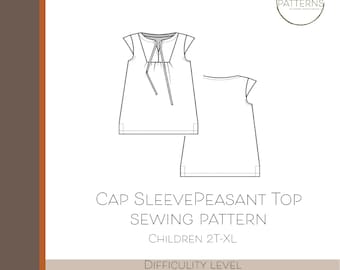 Toddler Girls PDF Sewing Pattern, Digital Pattern, Peasant Top Cap Sleeves, Sizes 2T 3T 4T 5/6 7/8 10/12 14/16, Downloadable Shirt Pattern