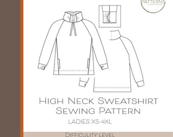 Ladies High Neck Raglan Sweatshirt PDF Sewing Pattern, downloadable, digital pattern, Kangaroo Pockets, Adjustable Collar