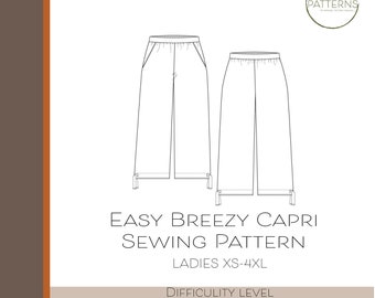 Ladies Women Easy Breezy Capri Pant PDF Sewing Pattern, Download, Woven Fabric, Elastic Waistband, Side Pockets, Drawstring Tie Leg Opening