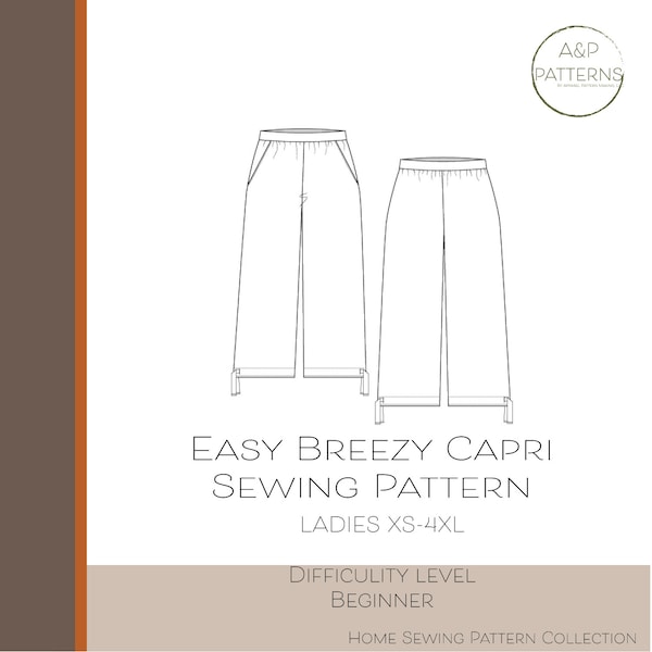 Ladies Women Easy Breezy Capri Pant PDF Sewing Pattern, Download, Woven Fabric, Elastic Waistband, Side Pockets, Drawstring Tie Leg Opening