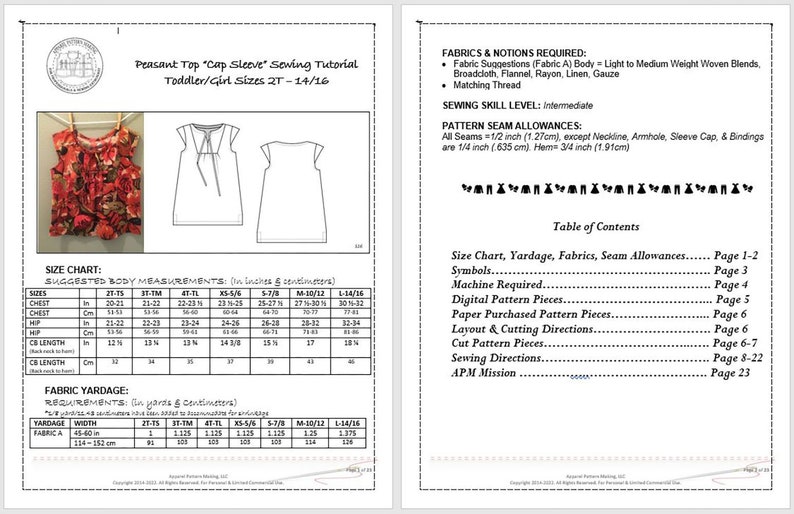 Toddler Girls PDF Sewing Pattern, Digital Pattern, Peasant Top Cap Sleeves, Sizes 2T 3T 4T 5/6 7/8 10/12 14/16, Downloadable Shirt Pattern image 7