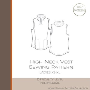 May include: A sewing pattern for a high neck vest. The pattern is for ladies sizes XS-XL and is rated as intermediate difficulty. The pattern includes instructions for sewing the vest.
