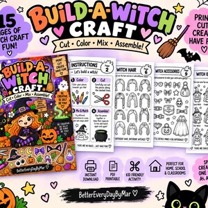 May include: A 15-page Build-A-Witch craft activity set featuring printable sheets with instructions, witch hair styles, accessories, and design ideas. The pages include black and white line art for colouring, cutting, and assembling witch characters.