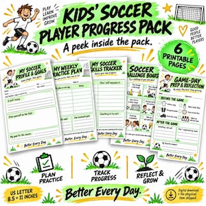 May include: A digital Kids' Soccer Player Progress Pack featuring six printable pages with green and black text and graphics. The sheets include a soccer profile, weekly practice plan, skills tracker, challenge board, and game-day prep forms.