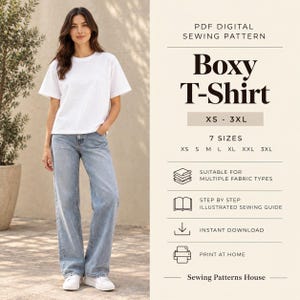 May include: A digital sewing pattern for a boxy t-shirt in sizes XS to 3XL. The graphic includes text reading PDF DIGITAL SEWING PATTERN, BOXY T-SHIRT, 7 SIZES, and icons for fabric types, an illustrated guide, instant download, and print at home.