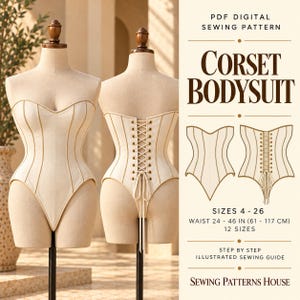 May include: A PDF digital sewing pattern for a corset bodysuit, featuring front and back views on mannequins, technical line drawings, and text stating SIZES 4-26, WAIST 24-46 IN (61-117 CM), 12 SIZES, and SEWING PATTERNS HOUSE.