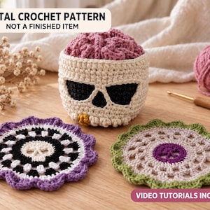 Brainy Skull Coaster Set Crochet Pattern, Gothic Halloween Decor (PDF)