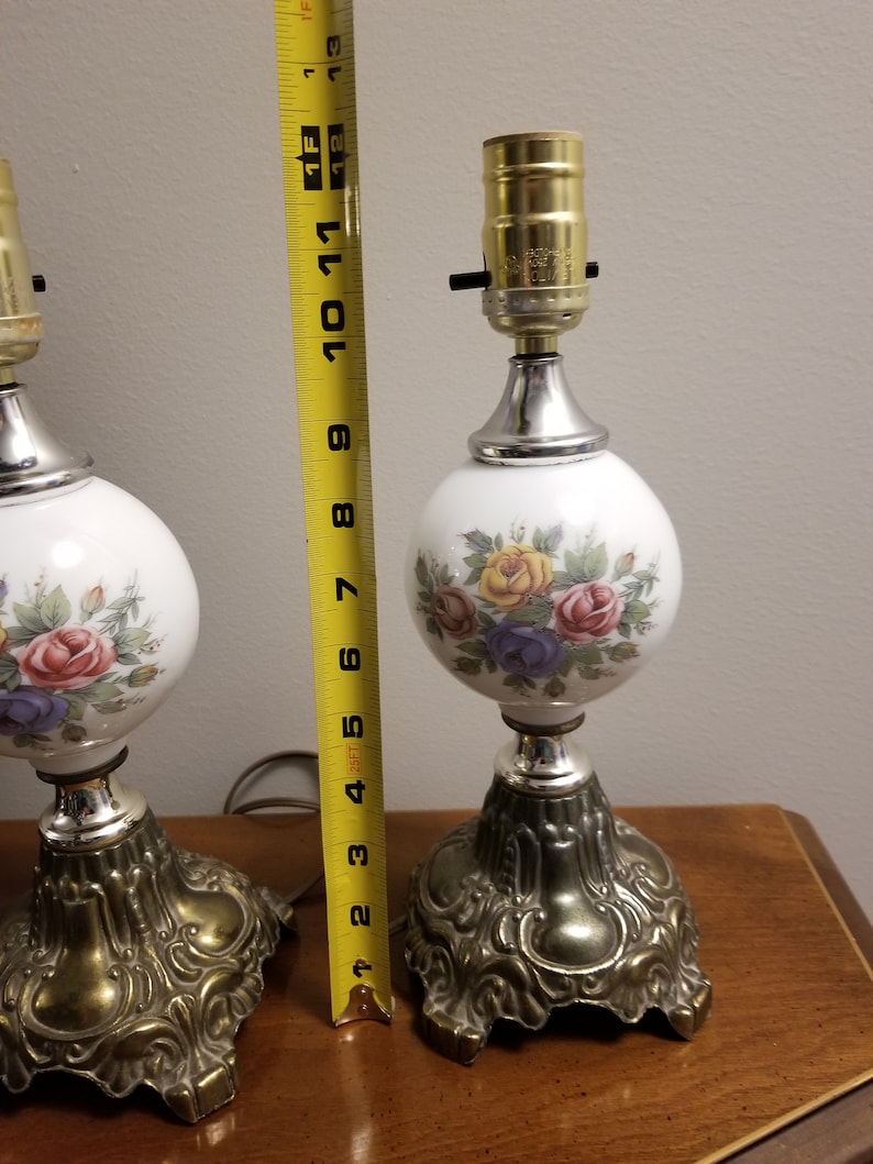 TWO Vintage Porcelain Shabby Roses Lamps Pink Blue Yellow Boudour Buffet Light