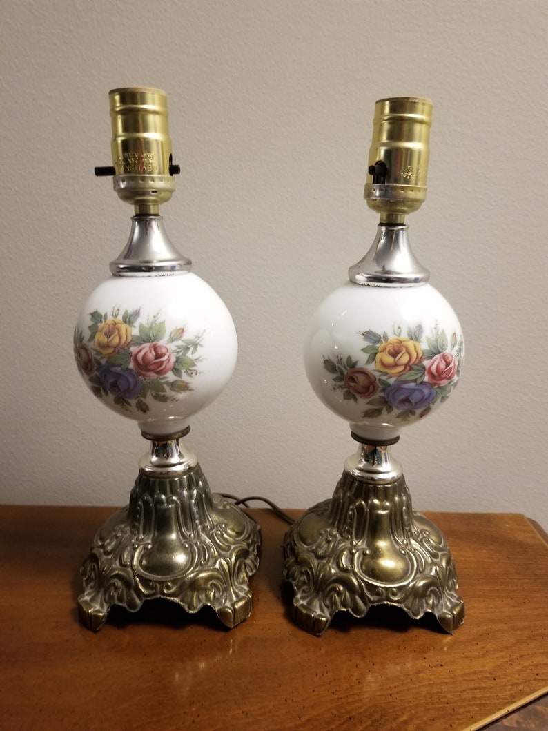 TWO Vintage Porcelain Shabby Roses Lamps Pink Blue Yellow Boudour Buffet Light