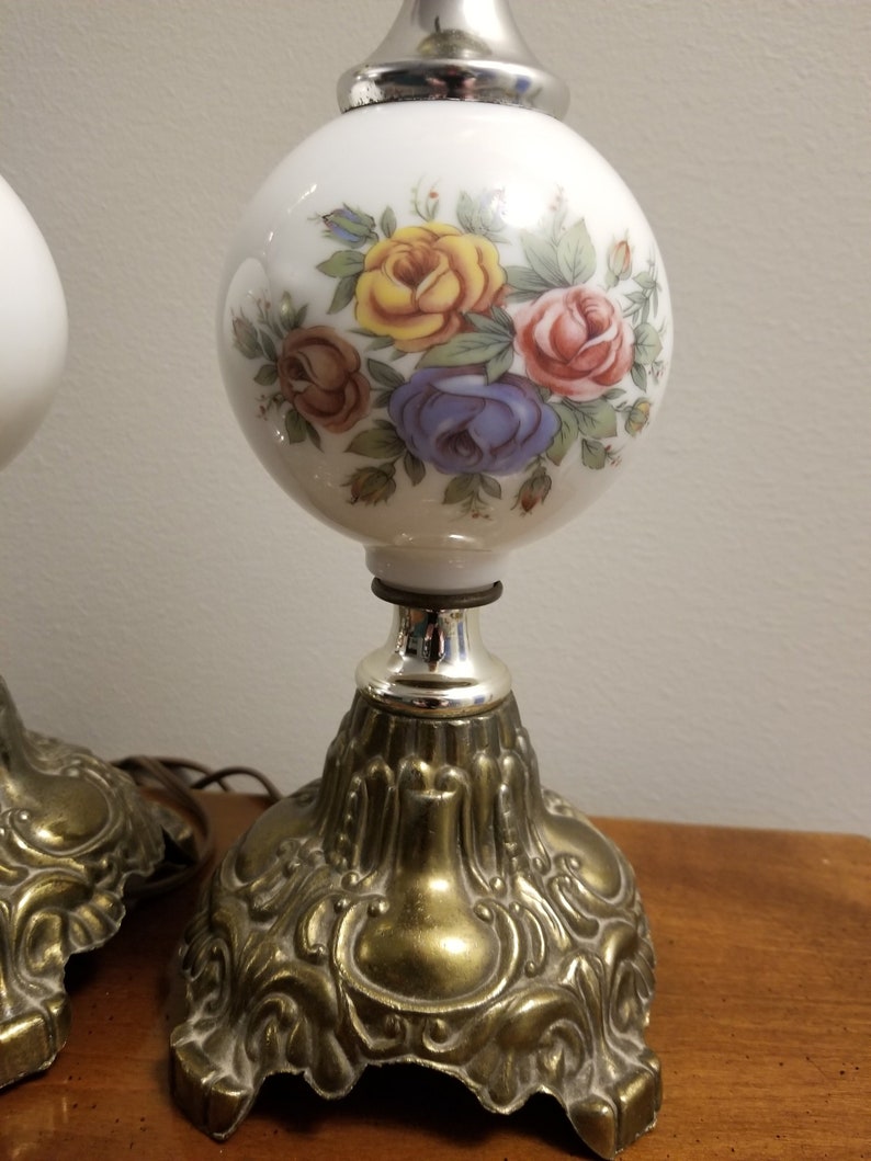TWO Vintage Porcelain Shabby Roses Lamps Pink Blue Yellow Boudour Buffet Light