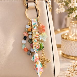 Porte-clés personalizado para sac acier inoxydable, perles pierres naturelles, ruban floral d’automne (prénom personalizado)