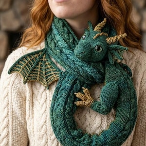 May include: A knitted scarf shaped like a green dragon with a long, textured body that wraps around the neck. The dragon features gold-coloured horns, claws, and wing accents, with a detailed head, large eyes, and a cable-knit pattern along the length.