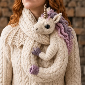 May include: A cream-colored cable-knit scarf featuring an attached stuffed unicorn. The unicorn has a gold-toned horn, large black eyes, and a long, wavy mane transitioning from pink to purple. The unicorn's front hooves are purple.