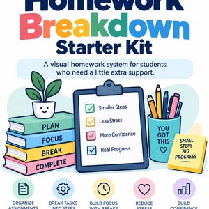 Könnte beinhalten: Eine Homework Breakdown Starter Kit Grafik mit einem Stapel Bücher beschriftet mit Plan, Focus, Break, Complete, einem Klemmbrett mit Checkliste, einem Stiftehalter mit dem Text You Got This und einem Notizzettel Small Steps Big Progress.