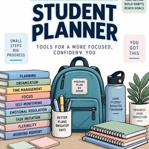 Könnte beinhalten: Eine Illustration eines Schülerplaners für exekutive Funktionen mit einem blaugrünen Rucksack, einem Stapel bunter Bücher mit Beschriftungen zu Fähigkeiten, einer Wasserflasche, einem Stiftehalter und Notizbüchern mit motivierendem Text.