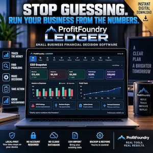 Puede incluir: Un ordenador portátil que muestra la interfaz del software ProfitFoundry LEDGER, con un panel de control oscuro que presenta métricas financieras como ingresos, gastos y tendencias de beneficios. La pantalla muestra el texto STOP GUESSING.