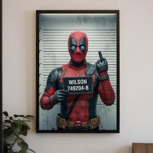 Könnte beinhalten: Ein gerahmter Wandkunstdruck, der eine rot-schwarz kostümierte Figur in einer polizeilichen Erkennungsdienst-Pose vor einer Skala zeigt. Die Figur hält ein Schild mit der Aufschrift WILSON 749204-B und zeigt den Mittelfinger. Der Anzug ist texturiert.