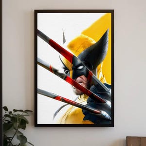 Peut inclure: Une impression d'art mural encadrée représentant l'illustration stylisée d'un personnage portant un masque jaune et noir avec des oreilles pointues. Trois griffures métalliques tranchantes traversent l'image en diagonale sur un fond jaune et blanc.