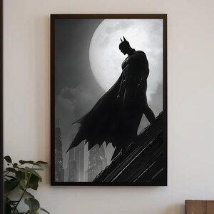 Batman Poster, Dark Knight Wall Art, Gotham City Print, Moonlight Superhero Decor, DC Comics Poster, Caped Crusader Gift for Comic Fans