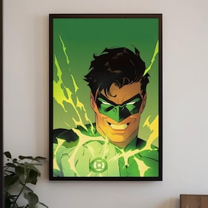 May include: A framed comic book style poster featuring a character wearing a green mask and suit with a glowing green ring on their finger. The character has dark hair and a determined expression, surrounded by bright yellow and green energy effects.