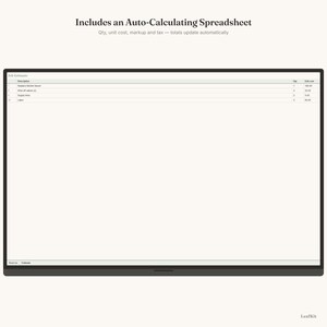 May include: A digital job estimate spreadsheet template with a dark border. The text reads Includes an Auto-Calculating Spreadsheet, Qty, unit cost, markup and tax &mdash; totals update automatically, Job Estimate, Description, Qty, Unit cost, and LeafKit.