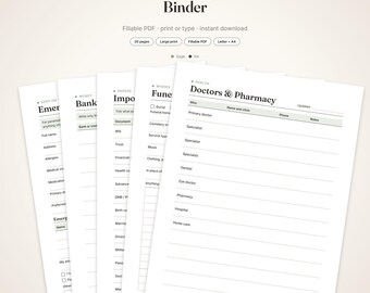May include: A digital document set titled If Something Happens to Me Binder, featuring fillable PDF pages for organizing personal information, health records, and financial details. The white pages include sections for doctors, pharmacy, and funeral wishes.