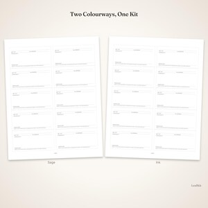 May include: Two sheets of white paper labels with black text, labeled 'Two Colourways, One Kit'. Each sheet contains eight rectangular sections with fields for 'Net Wt', 'Allergens', and 'Producer'. The sheets are labeled 'Sage' and 'Ink' at the bottom.