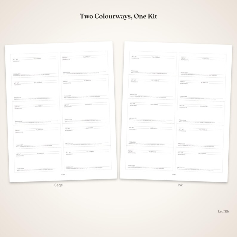 May include: Two sheets of white paper labels with black text, labeled 'Two Colourways, One Kit'. Each sheet contains eight rectangular sections with fields for 'Net Wt', 'Allergens', and 'Producer'. The sheets are labeled 'Sage' and 'Ink' at the bottom.