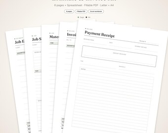 May include: A digital Estimate & Invoice Kit featuring six pages of business templates including a Payment Receipt, Invoice, and Job Estimate. The documents are presented in a clean, white layout with black text, available as fillable PDFs and Excel workbooks in Letter and A4 sizes.