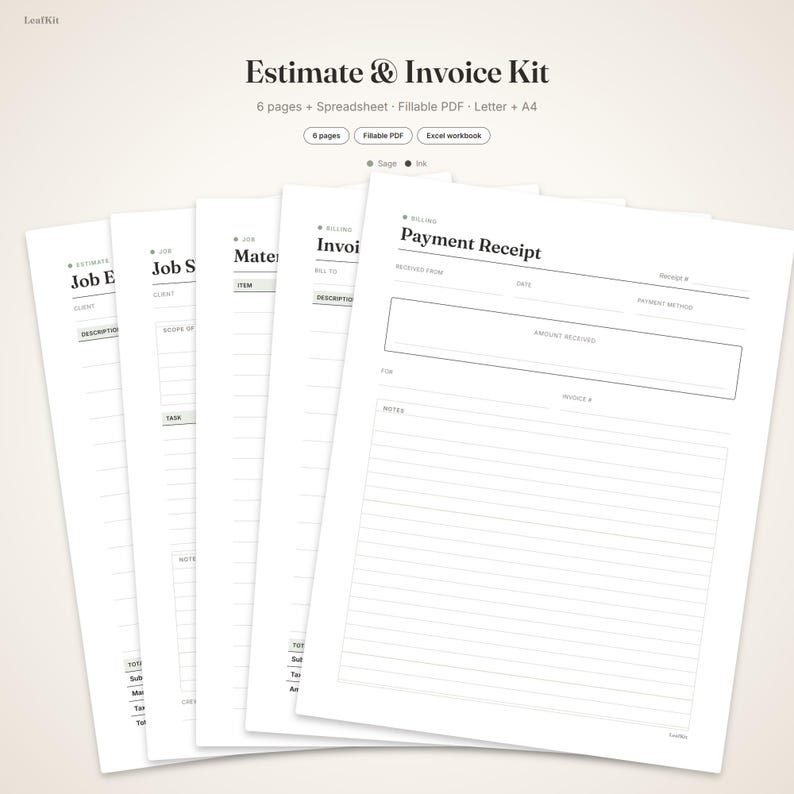 May include: A digital Estimate & Invoice Kit featuring six pages of business templates including a Payment Receipt, Invoice, and Job Estimate. The documents are presented in a clean, white layout with black text, available as fillable PDFs and Excel workbooks in Letter and A4 sizes.