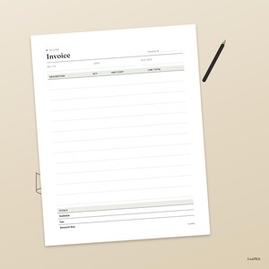 May include: A white invoice template printed on paper with black text including the headings Invoice, Bill To, Date, Due Date, Description, Qty, Unit Cost, Line Total, Subtotal, Tax, and Amount Due, accompanied by a thin black pencil.
