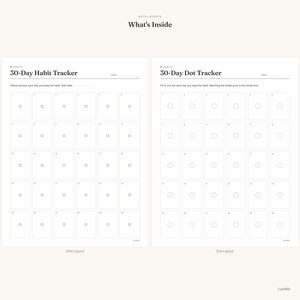 Pode incluir: Duas folhas de rastreamento de h&aacute;bitos imprim&iacute;veis intituladas 30-Day Habit Tracker e 30-Day Dot Tracker. Cada folha apresenta uma grade de trinta caixas numeradas para rastreamento di&aacute;rio. A folha esquerda usa caixas quadradas, a direita usa pontos circulares.