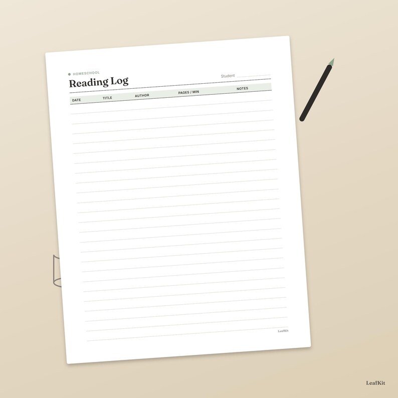 Może przedstawiać: Biała kartka papieru z dziennikiem czytania z czarnym tekstem zatytułowanym Homeschool Reading Log. Formularz zawiera kolumny na datę, tytuł, autora, strony/min i notatki oraz poziome linie na wpisy. Czarny oł&oacute;wek znajduje się w prawym g&oacute;rnym rogu.