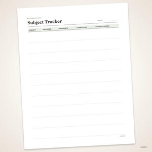 Może przedstawiać: Biała strona do druku służąca do śledzenia przedmiot&oacute;w w nauczaniu domowym z czarnym tekstem. Nagł&oacute;wek zawiera Homeschool Subject Tracker oraz Month. Kolumny obejmują Subject, Hrs/Week, Hrs/Month, Curriculum oraz Progress Notes.