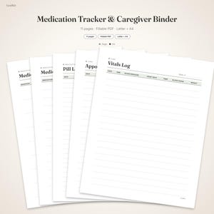 Utskrivbar medicinspårare | Ifyllbar PDF-vårdgivarepärm, pillerlogg, medicinlista, vitala värden och möteslogg | Letter A4 bild 1