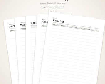 May include: A digital Medication Tracker & Caregiver Binder set featuring 11 pages in a fillable PDF format. The white sheets include headers for Medication, Pill Log, Appointments, and a Vitals Log with columns for date, time, blood pressure, and heart rate.