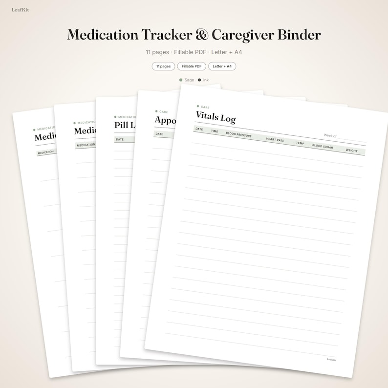 Utskrivbar medicinspårare | Ifyllbar PDF-vårdgivarepärm, pillerlogg, medicinlista, vitala värden och möteslogg | Letter A4 bild 1