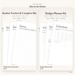 Może przedstawiać: Dwa zestawy cyfrowych planer&oacute;w zatytułowane Medication Tracker & Caregiver Binder oraz Budget Planner Kit. Medication Tracker zawiera 11 stron z Vitals Log, a Budget Planner Kit składa się z 31 stron, w tym arkusza No-Spend Month.
