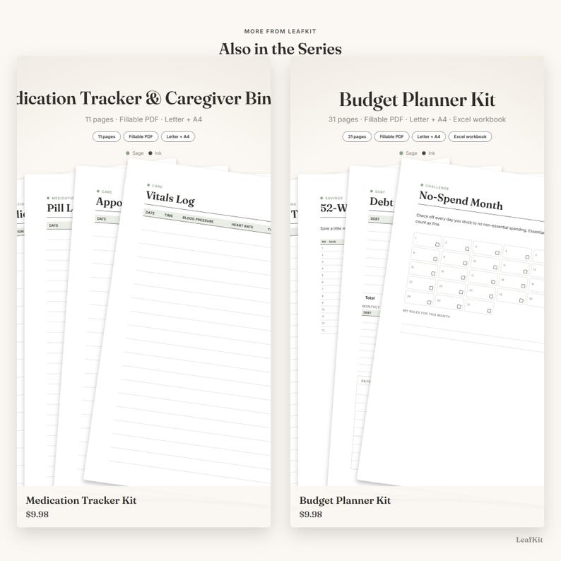 Może przedstawiać: Dwa zestawy cyfrowych planer&oacute;w zatytułowane Medication Tracker & Caregiver Binder oraz Budget Planner Kit. Medication Tracker zawiera 11 stron z Vitals Log, a Budget Planner Kit składa się z 31 stron, w tym arkusza No-Spend Month.