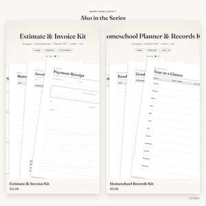 May include: Two digital document sets titled Estimate & Invoice Kit and Homeschool Planner & Records Kit. The first set includes six pages, a spreadsheet, and fillable PDF in Letter and A4 sizes. The second set features nine pages.