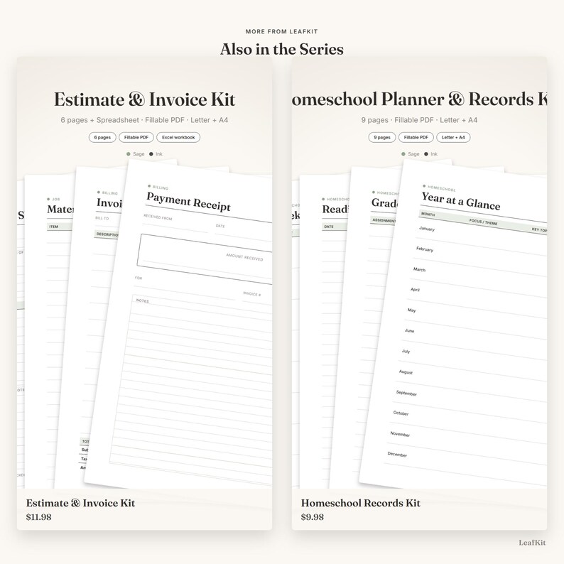 May include: Two digital document sets titled Estimate & Invoice Kit and Homeschool Planner & Records Kit. The first set includes six pages, a spreadsheet, and fillable PDF in Letter and A4 sizes. The second set features nine pages.
