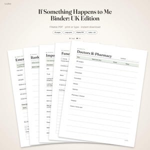 May include: A digital document set titled If Something Happens to Me Binder: UK Edition, featuring fillable PDF pages for emergency contacts, banking, important papers, funeral wishes, and a Doctors & Pharmacy form with lined fields for medical details.