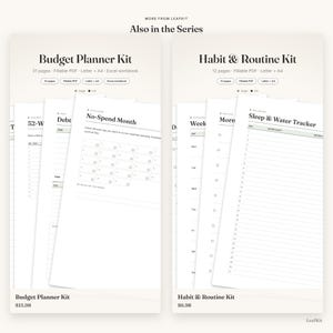 Pode incluir: Dois kits de planejadores digitais intitulados Budget Planner Kit e Habit & Routine Kit. O Budget Planner Kit inclui 31 p&aacute;ginas, PDF preench&iacute;vel, tamanhos Letter e A4, e uma pasta de trabalho do Excel. O Habit & Routine Kit inclui 12 p&aacute;ginas, PDF preench&iacute;vel, e tamanhos Letter e A4. Ambos os kits apresentam p&aacute;ginas brancas com texto preto.